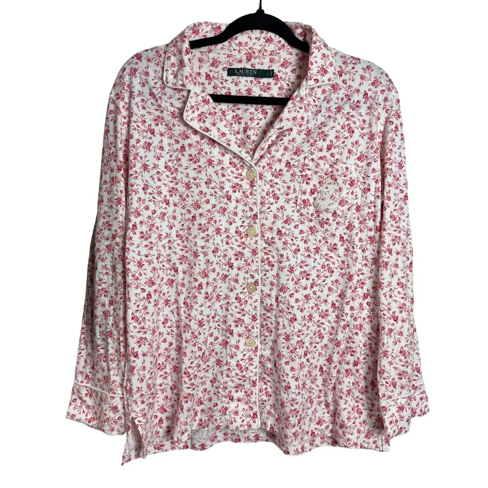 Lauren Ralph Lauren Floral Pajama Set Women’s Large Red White Cotton Sleepwear